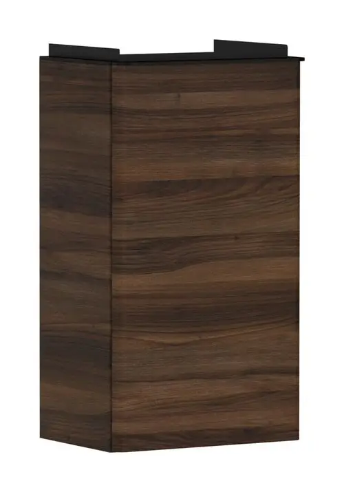 Holzfarbener Unterschrank mit zwei offenen Fächern und einer oberen Ablage. Markierung für den Türanschlag auf der linken Seite. Hansgrohe Logo sichtbar.
